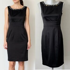 RW&CO Black Dress Satin Knee Length  Jewelled Cocktail Evening Party Gala Sz 2